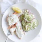 Deliciously fresh nonfat yogurt dill sauce over grilled or seared salmon! You'll love it paired with an easy cucumber feta salad!