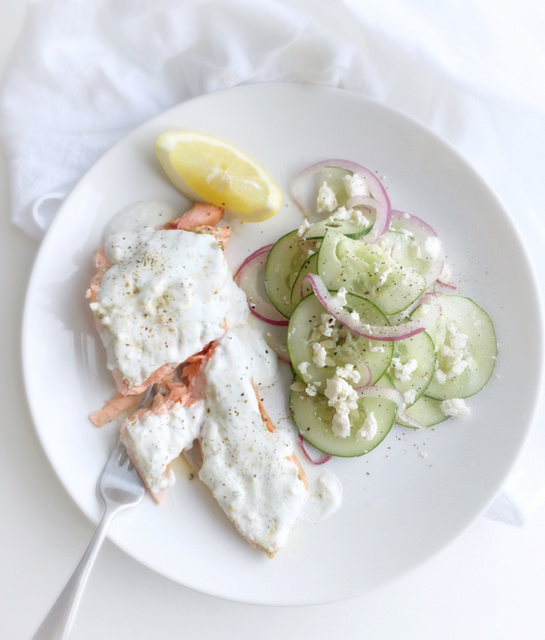 Salmon with Nonfat Yogurt Dill Sauce! Served with an easy cucumber feta salad. This meal is so bright and fresh--for 350 calories!