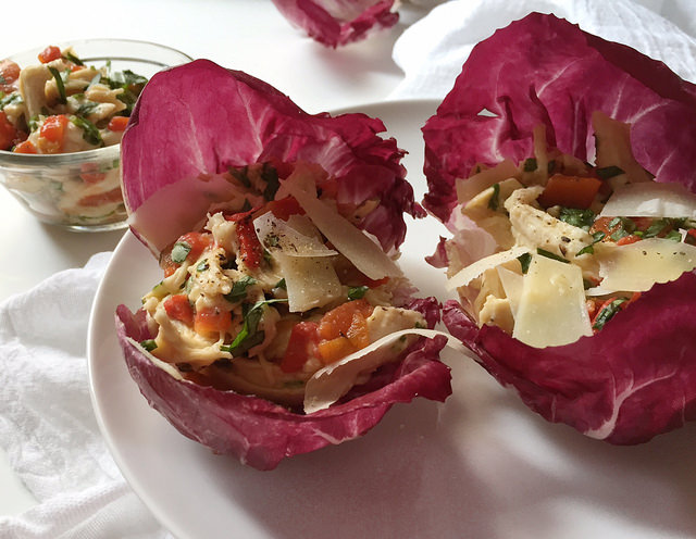 Light Italian Chicken Salad Recipe with Roasted Garlic Dressing in Radicchio Cups! Low Carb and only 195 calories!