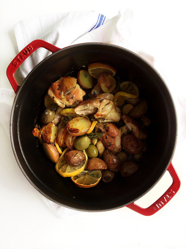 One Pan Roasted Chicken with Potatoes Wine and Olives! This recipe is restaurant-worthy and full of rich, hearty flavor. But the best news? It's wholesome and healthy!