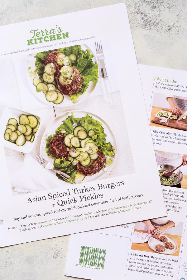 Asian Turkey Burgers Recipe with Quick Pickles - an easy super flavorful turkey burger made with scallions, soy sauce, garlic, and peanut butter or almond. Top them with cucumbers tossed salt and vinegar to make pickles in minutes! Recipe and review of Terra's Kitchen meal delivery service