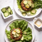 Asian Turkey Burgers Recipe with Quick Pickles - an easy super flavorful turkey burger made with scallions, soy sauce, garlic, and peanut butter or almond. Top them with cucumbers tossed salt and vinegar to make pickles in minutes! Recipe and review of Terra's Kitchen meal delivery service