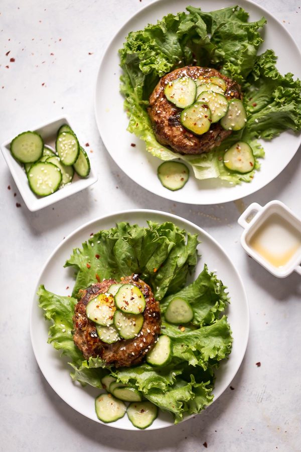 Asian Turkey Burgers Recipe with Quick Pickles - an easy super flavorful turkey burger made with scallions, soy sauce, garlic, and peanut butter or almond. Top them with cucumbers tossed salt and vinegar to make pickles in minutes! Recipe and review of Terra's Kitchen meal delivery service