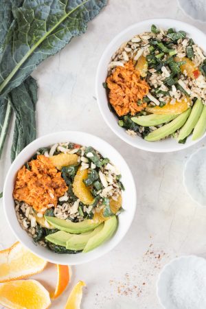 Brown and Wild Rice Bowl with Salmon, Orange and Avocado - This brown and wild rice bowl is easy, convenient, and quick! Use Chicken of the Sea Barbecue Flavored Salmon Pouches (or canned salmon!), Minute Ready to Serve Whole Grain Brown and Wild rice, orange, kale, avocado, and pepper jack cheese!