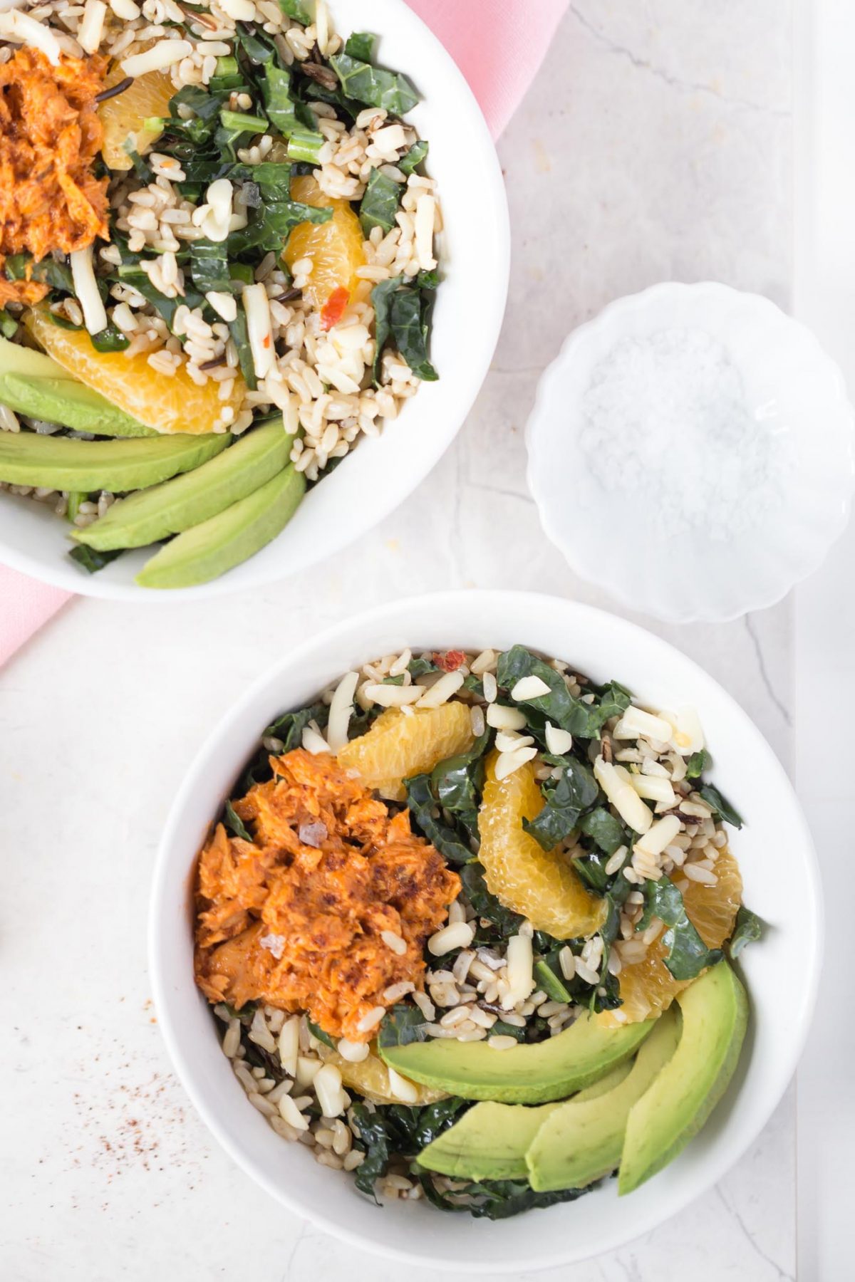 Brown and Wild Rice Bowl with Salmon, Orange and Avocado - This brown and wild rice bowl is easy, convenient, and quick! Use Chicken of the Sea Barbecue Flavored Salmon Pouches (or canned salmon!), Minute Ready to Serve Whole Grain Brown and Wild rice, orange, kale, avocado, and pepper jack cheese! 