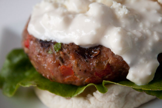 Buffalo Turkey Burgers with Blue Cheese Sauce