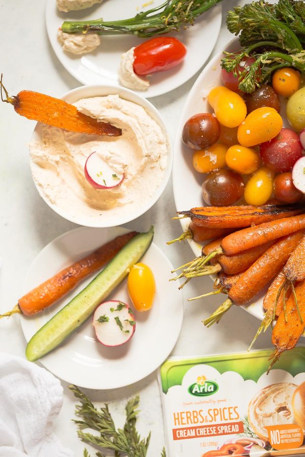 How to make a better vegetable platter with recipes for tandoori spice carrots, lemon broccolini, radishes, cucumbers, tomatoes - any seasonal veggies - and an easy cream cheese to dip! 