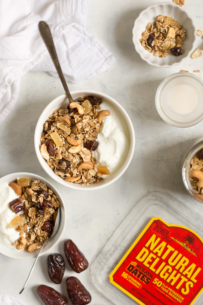 Cashew Ginger Granola with Medjool Dates and Sesame Seeds Recipe - a healthy whole grain granola recipe with cashews, medjool dates, crystallized ginger, sesame seeds, and the warm flavors of cinnamon, allspice and ginger. 295 calories per filling, delicious  serving