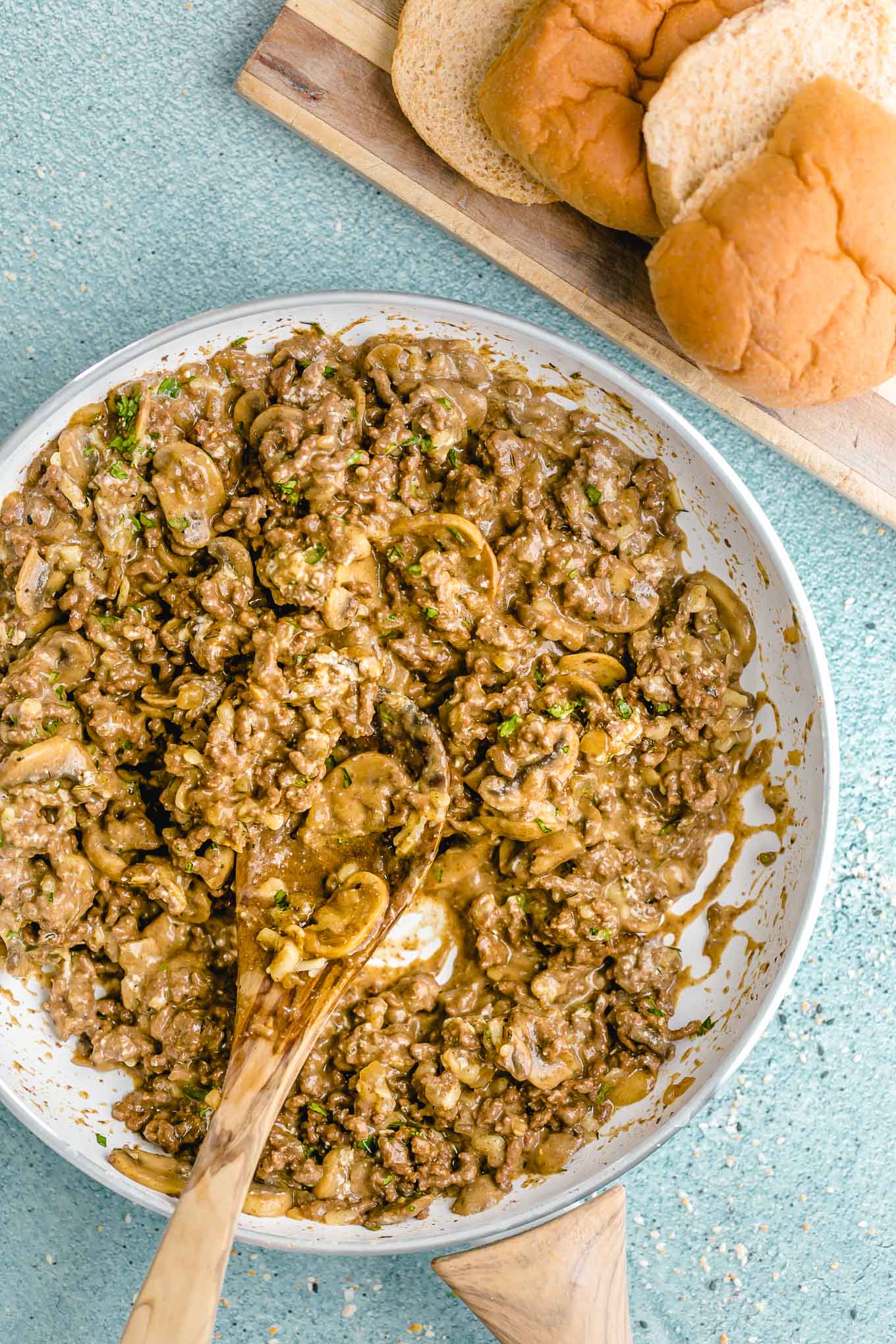 Creamy Cheeseburger Skillet with Mushrooms and Swiss! A deliciously creamy, cheesy, fully-loaded cheeseburger skillet that the whole family will love. Make it in just 30 minutes with ground beef, mushrooms, onions, cream cheese, and Swiss cheese. 