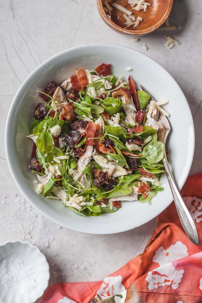 Chicken Bacon Cheddar Salad Recipe with Dates - Use a rotisserie chicken to make it easy and fuss-free. Watercress adds a mild spiciness that you’ll love with the sharp cheddar, salty bacon, and sweet medjool dates. 
