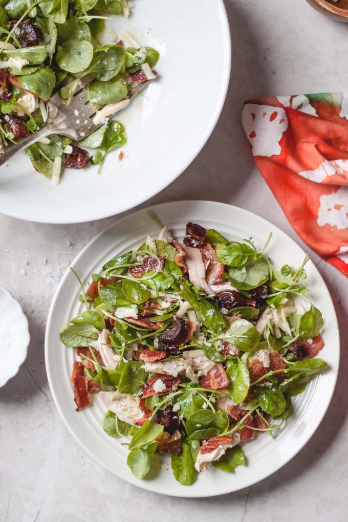 Chicken Bacon Cheddar Salad Recipe with Dates - Use a rotisserie chicken to make it easy and fuss-free. Watercress adds a mild spiciness that you’ll love with the sharp cheddar, salty bacon, and sweet medjool dates. 