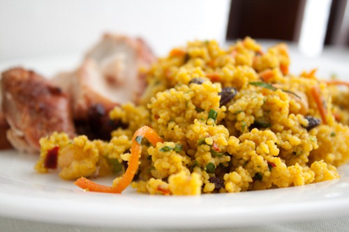 Curried Millet with Chickpeas and Currants! An easy millet recipe and side dish flavored with curry and loaded canned chickpeas, and currants. 