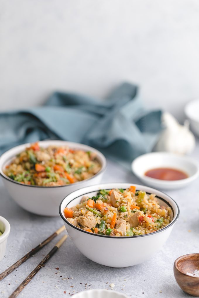 Easy Cauliflower Fried Rice with Chicken made with frozen cauliflower rice