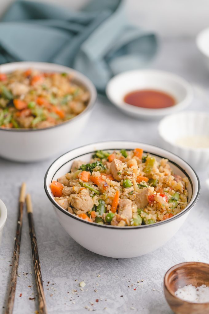 Easy Cauliflower Fried Rice with Chicken made with frozen cauliflower rice