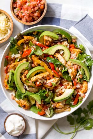 Chicken Fajita Salad with Veggies, Salsa, Sour Cream, and Avocado!