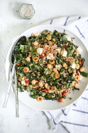 farro salad with kale, sun dried tomatoes, mozzarella, chickpeas, and olives