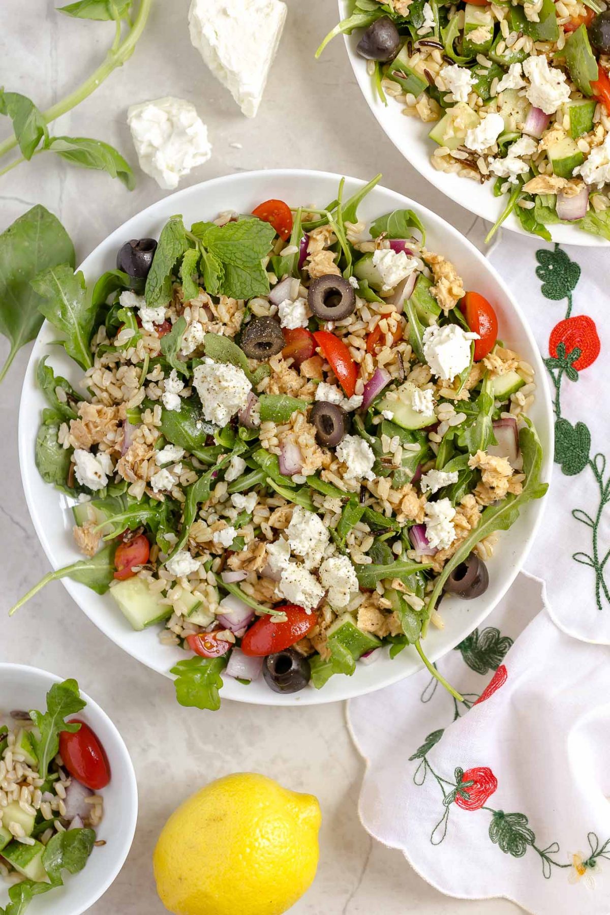 Greek Whole Grain Salad with Lemon Salmon and Feta - Greek Whole Grain Salad with Lemon Salmon and Feta - A delicious whole grain salad with Greek flavors like feta, olives, lemon pepper salmon, and brown and wild rice! It's quick, easy, and filling! 