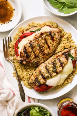 Grilled Stuffed Turkey Breasts with Spinach, Roasted Red Peppers, and Provolone Cheese