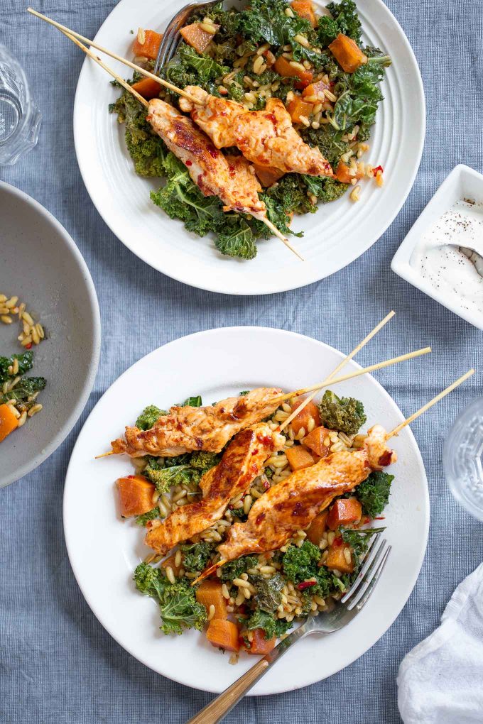 Harissa Chicken Skewers with Khorasan Wheat and Persimmon Salad Recipe