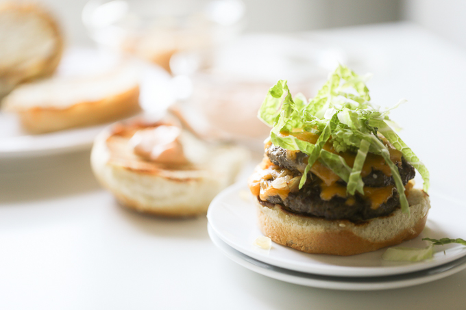 Homemade In N Out Burger Recipe! Here's a lighter and lower calorie take on In N Out's famous double double burgers, including their delicious secret sauce!