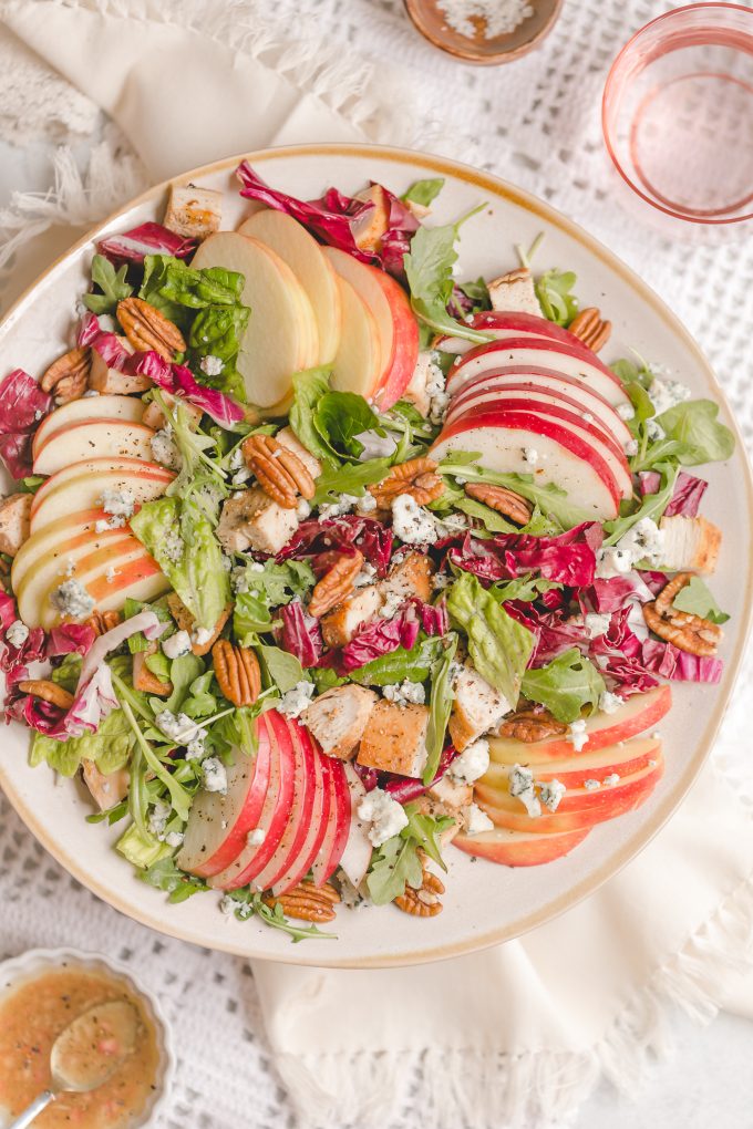 Homemade Panera Fuji Apple Salad with Chicken - made with a mix of romaine, arugula, radicchio, roasted chicken, fresh apple, red onion, gorgonzola cheese, pecans, and apple vinaigrette 