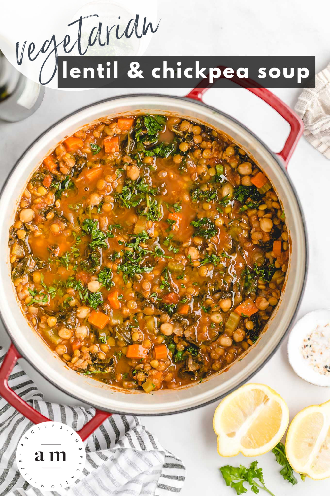 Vegetarian Lentil and Chickpea Soup - a vegetarian lentil soup recipe full of rich Moroccan-inspired flavors that’s packed with fiber, veggies, and protein! Great for meal prep!