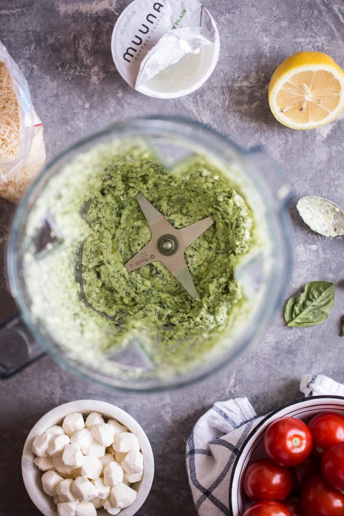 Light Caprese Spaghetti with Creamy Pesto Sauce 