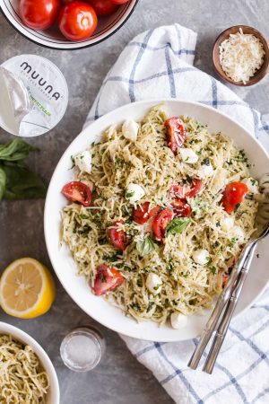 Light Caprese Spaghetti with Creamy Pesto Sauce