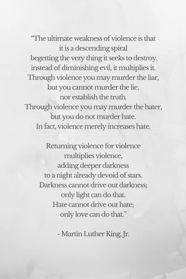 Martin Luther King Jr. Quote - Violence begets violence. "Darkness cannot drive out darkness; only light can do that. Hate cannot drive out hate; only love can do that."