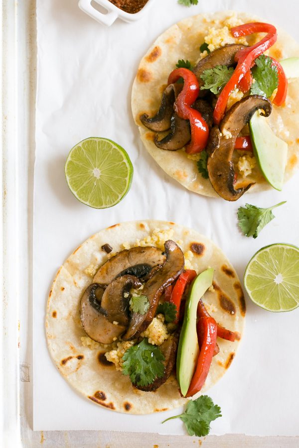 Millet and Veggie Breakfast Tacos Recipe - made with whole grain millet, red bell pepper, and portobello mushroom. Serve them for breakfast, lunch or dinner! Recipe from Eating Clean by Amie Valpone