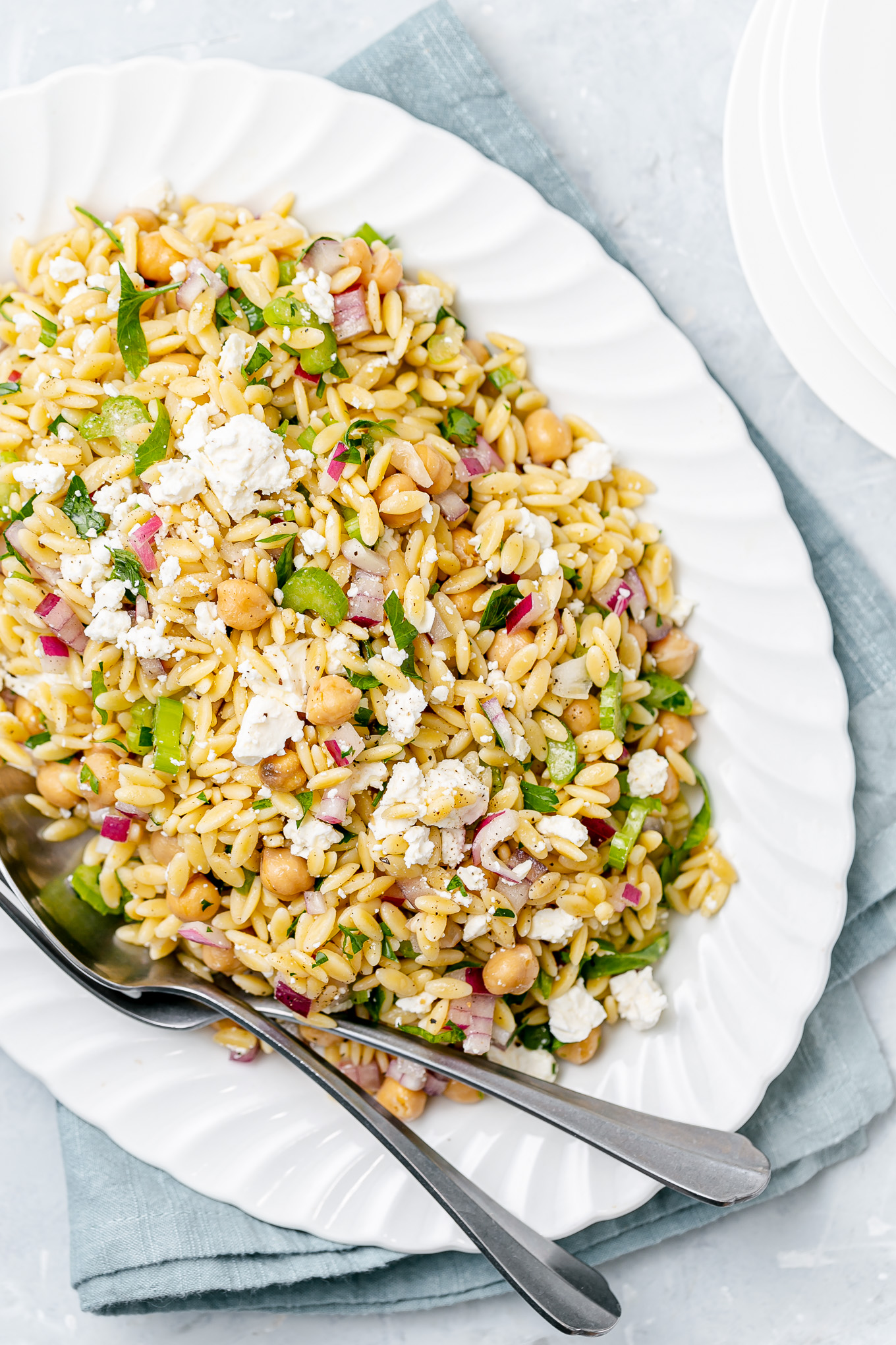 Minted Orzo Salad Recipe with Chickpeas and Feta Cheese - this deliciously easy vegetarian side dish is my most requested! It's loaded with fresh flavor from herbs and a bright lemon vinaigrette and it tastes amazing hot or cold so feel free to make ahead of time!