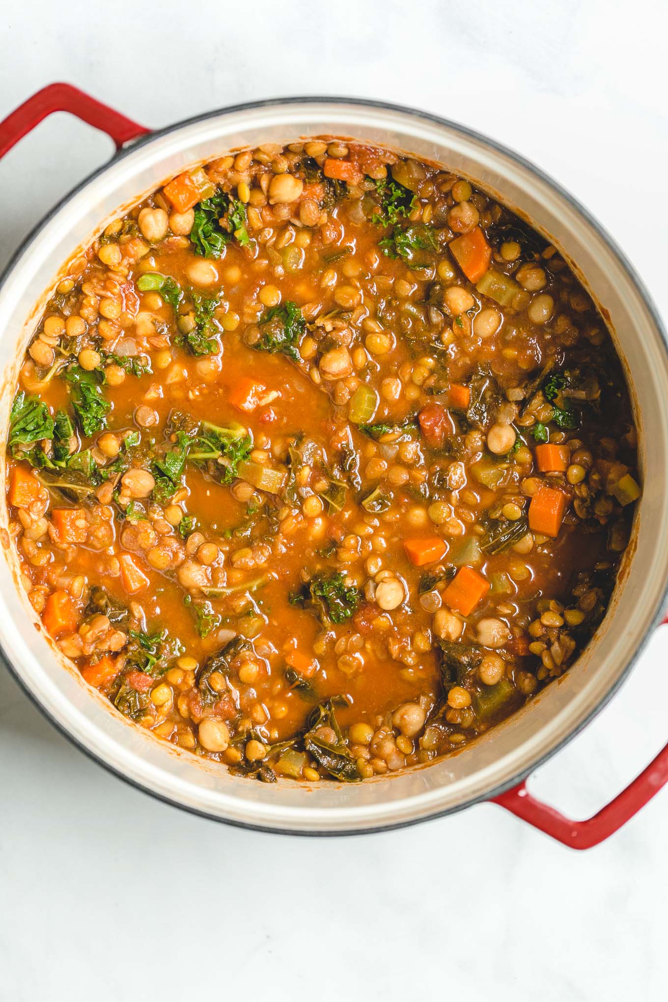 Vegetarian Lentil and Chickpea Soup - a vegetarian lentil soup recipe full of rich Moroccan-inspired flavors that’s packed with fiber, veggies, and protein! Great for meal prep!