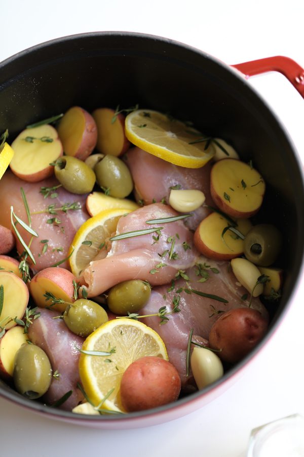 One Pan Roasted Chicken with Potatoes Wine and Olives! This recipe is restaurant-worthy and full of rich, hearty flavor. But the best news? It's wholesome and healthy!