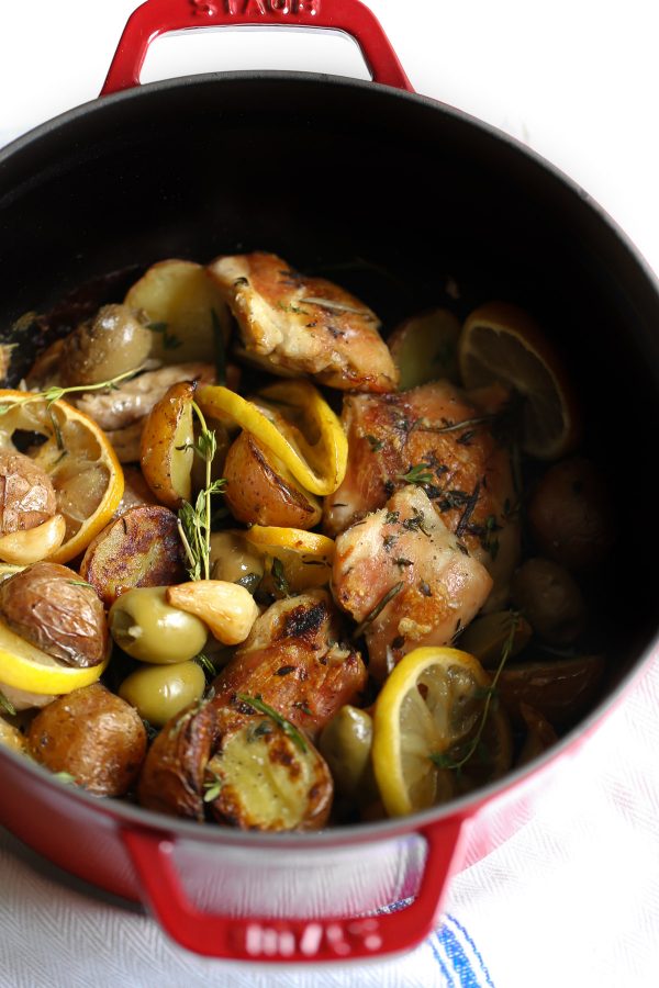One Pan Roasted Chicken with Potatoes Wine and Olives! This recipe is restaurant-worthy and full of rich, hearty flavor. But the best news? It's wholesome and healthy!