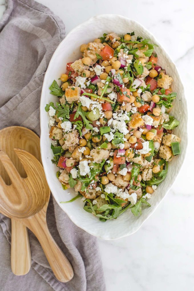 Panzanella Salad with Chickpeas and Feta - a traditional Tuscan bread and tomato salad loaded with flavor and texture! 288 calories per serving