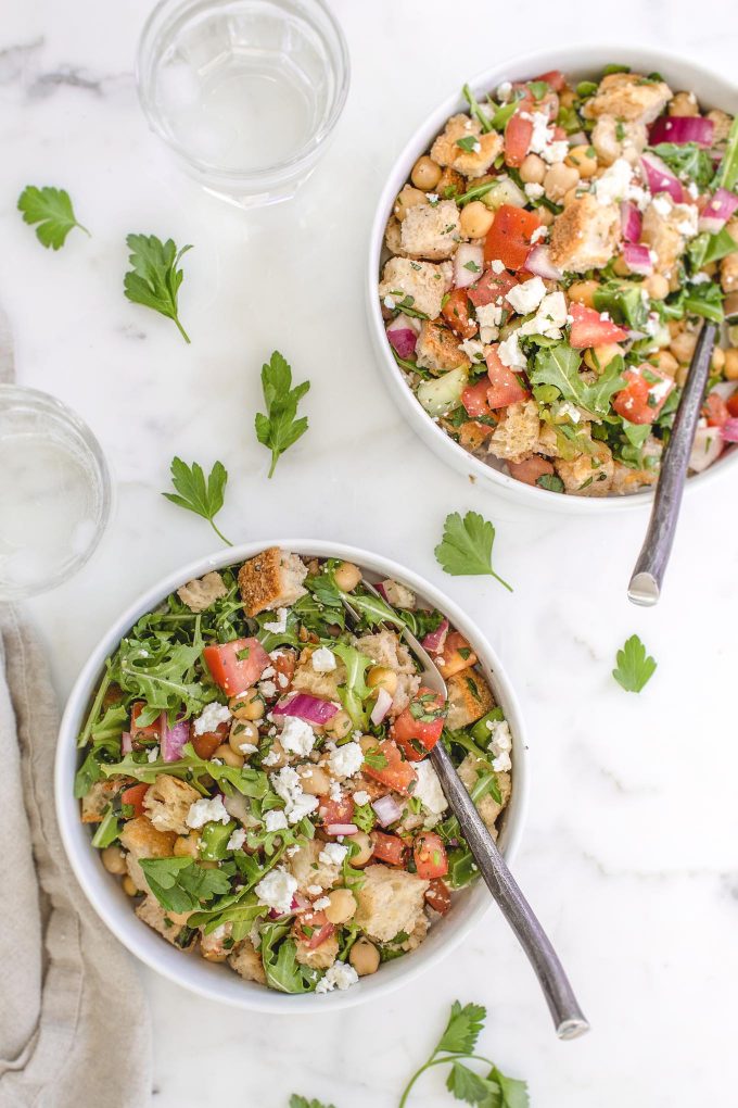 Panzanella Salad with Chickpeas and Feta - a traditional Tuscan bread and tomato salad loaded with flavor and texture! 288 calories per serving