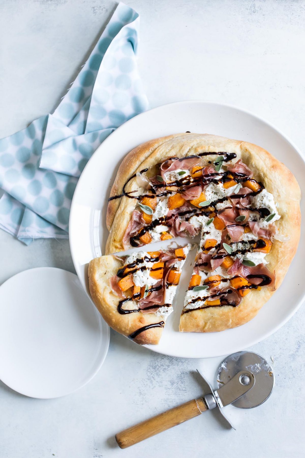 Butternut Squash Pizza with Prosciutto, Herbed Ricotta and Sage