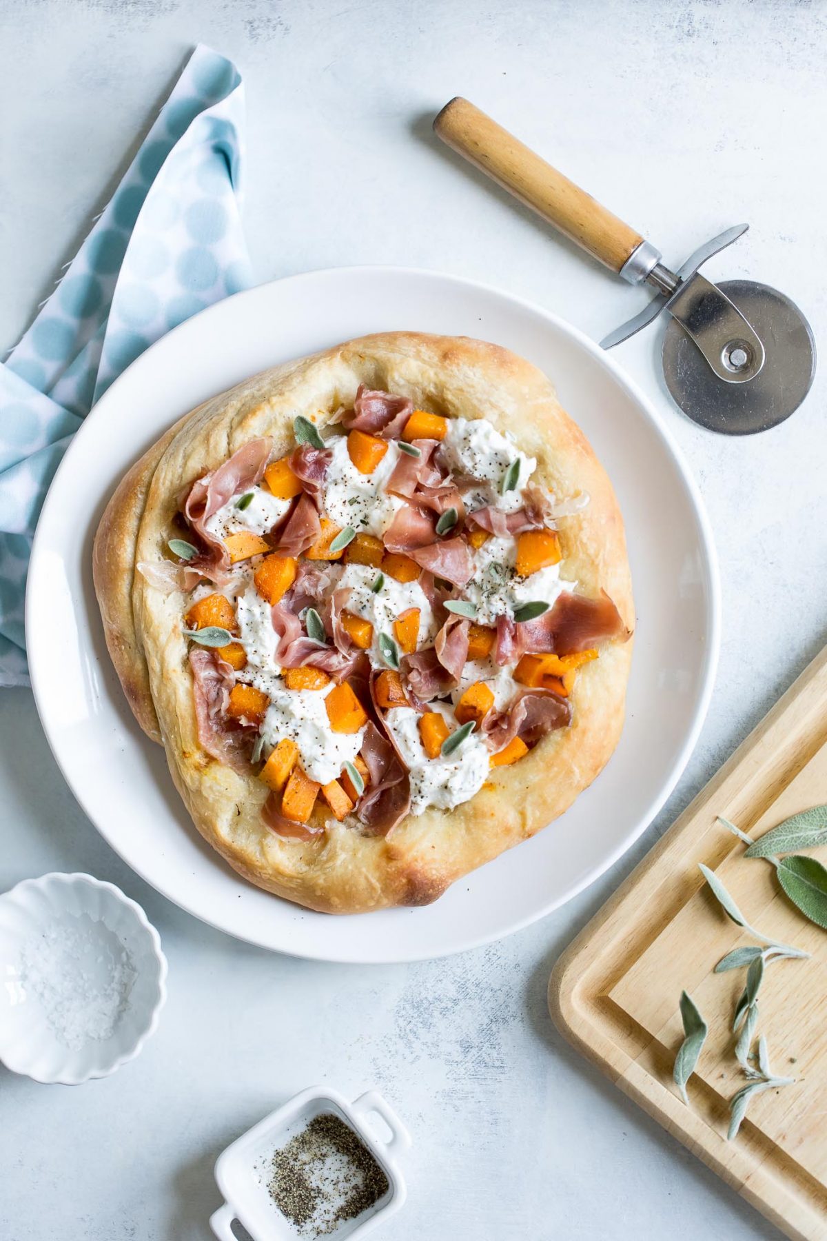 Butternut Squash Pizza with Prosciutto, Herbed Ricotta and Sage