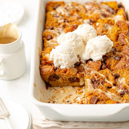 Pumpkin Eggnog Bread Pudding with Chocolate Chips