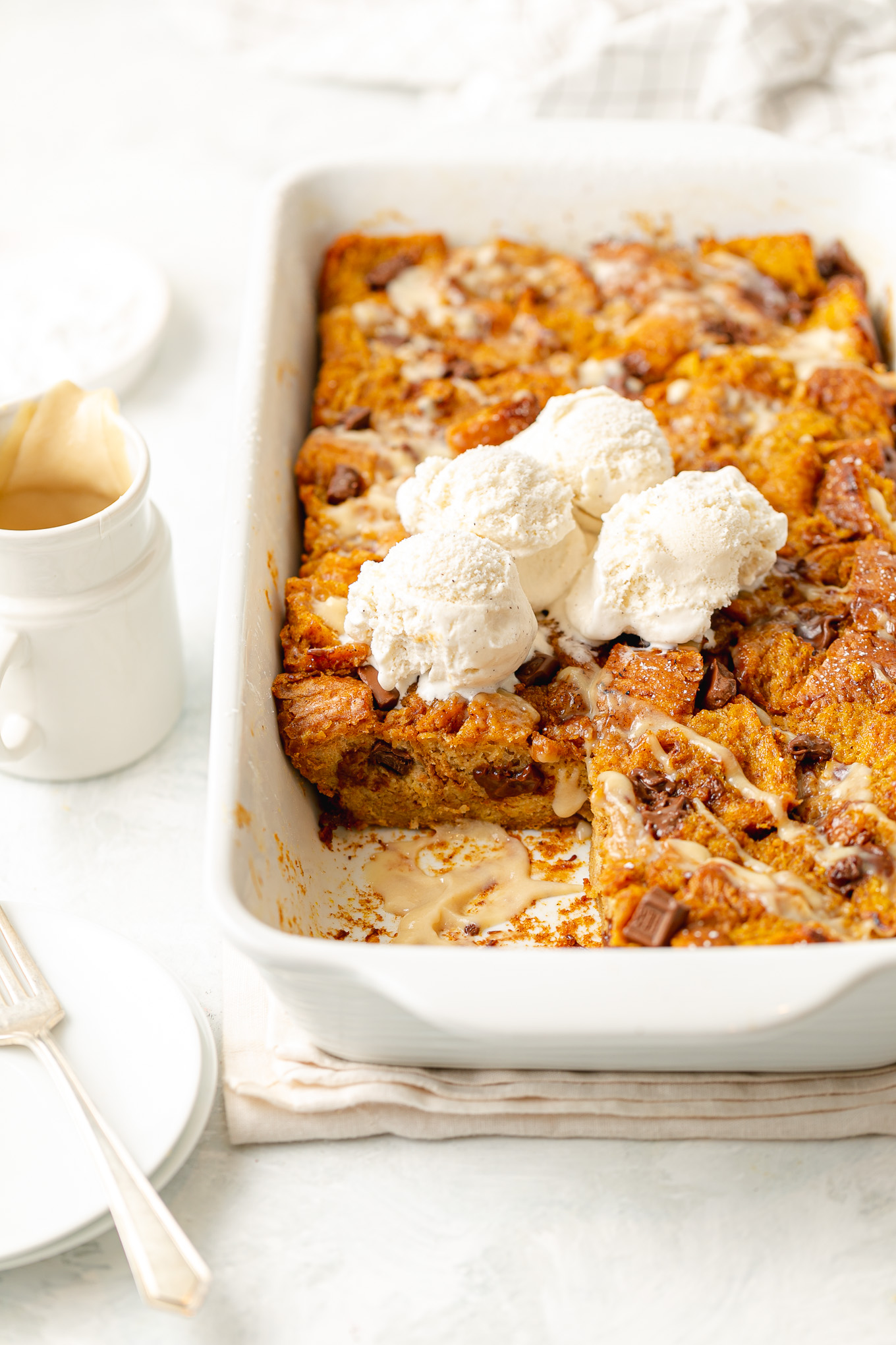 Pumpkin Eggnog Bread Pudding with Chocolate Chips