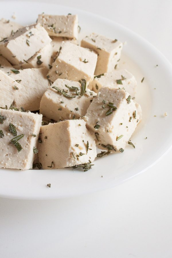 Rosemary Sage Tofu with Roasted Brussels Sprouts, Pear, and Goat Cheese - This healthy vegetarian salad recipe is perfect for fall and any holiday table!