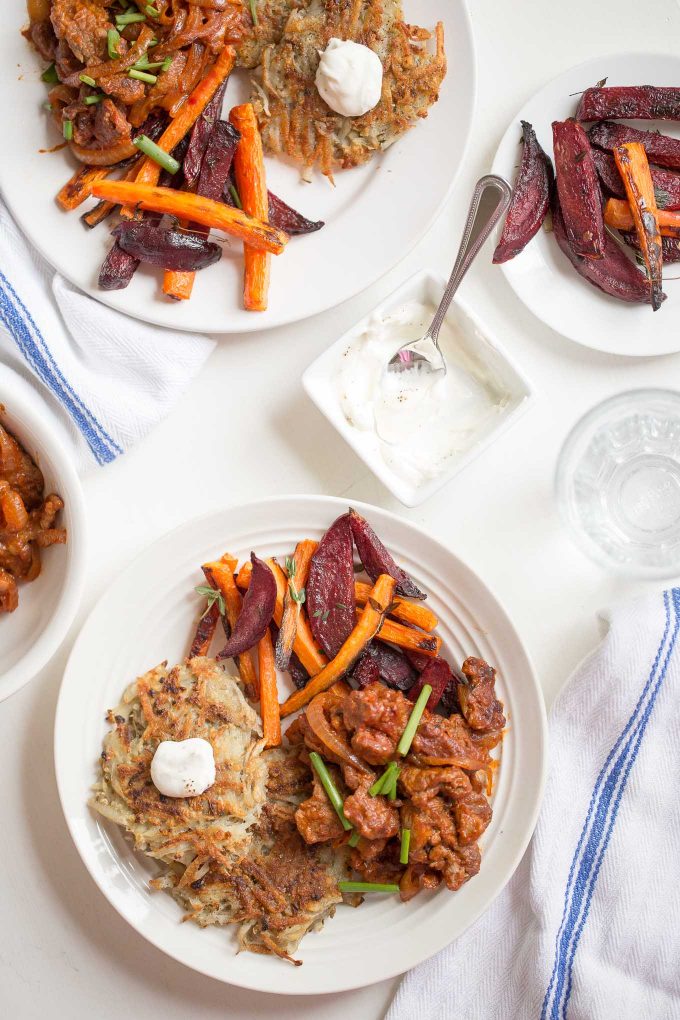 Sautéed Beef & Potato Latkes with Roasted Beet and Carrots Recipe
