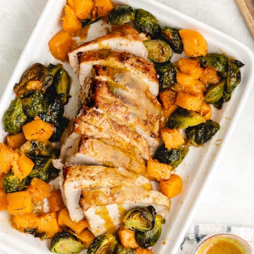 Maple Mustard Sheet Pan Pork Tenderloin with Brussels Sprouts and Butternut Squash