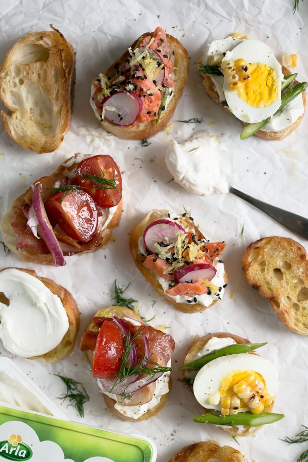 3 Summer Crostini Recipes - How to make easy, fresh, and fast appetizers using seasonal vegetables in three flavors - Balsamic Tomato Crostini with Bacon and Dill (like a BLT!), Grilled Corn and Asparagus Crostini with Lemon Zest, and Sesame Salmon Avocado Crostini