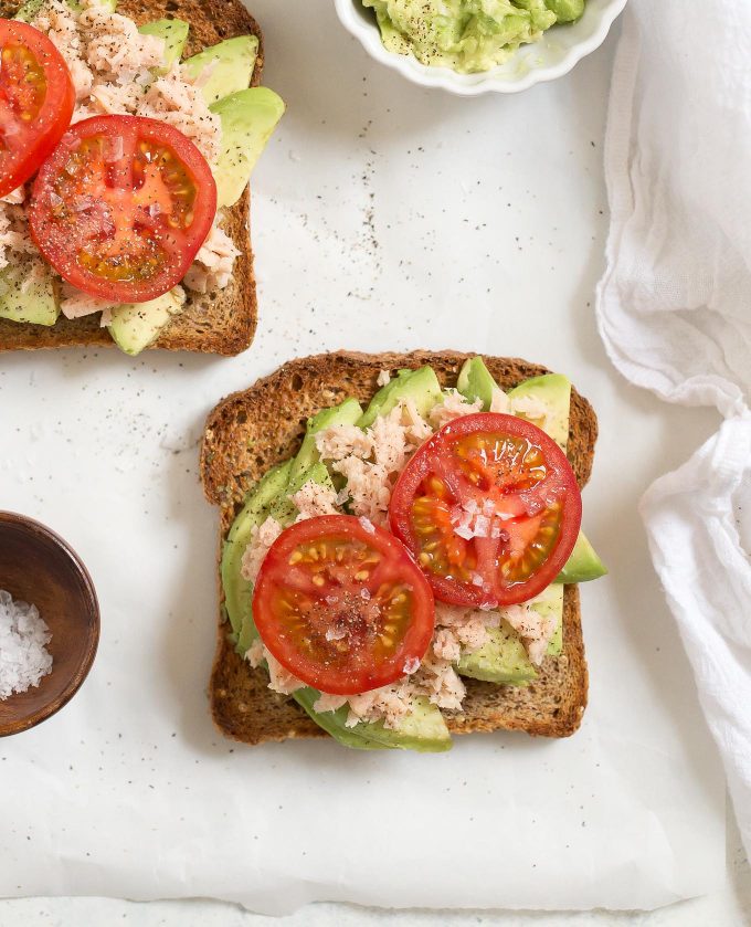 Tuna Avocado Toast with Tomato - a healthy. quick, and easy lunch that's packed with protein and good fats! 