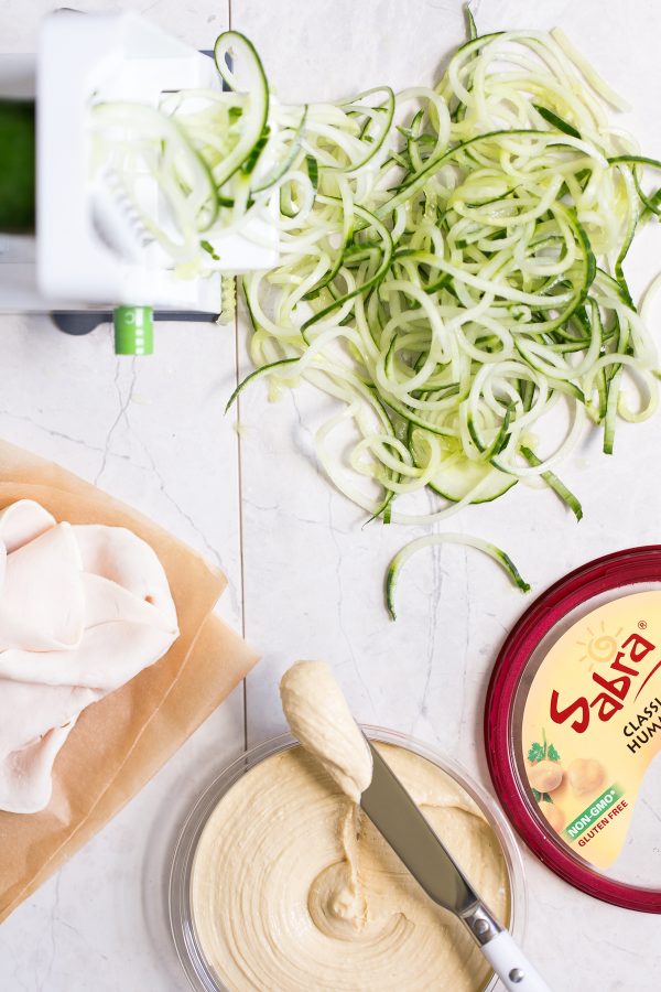 Turkey Spinach and Hummus Roll Ups with Spiralized Cucumber Noodles!