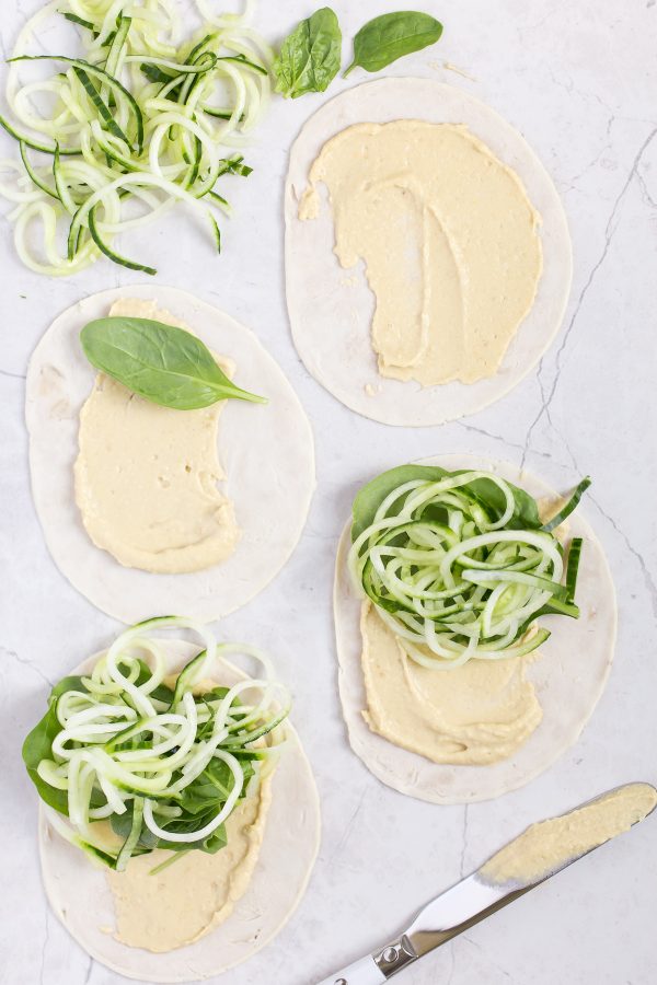Turkey Spinach and Hummus Roll Ups with Spiralized Cucumber Noodles!