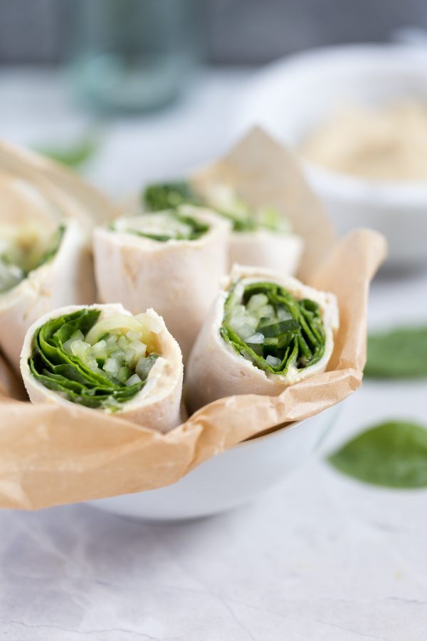 Turkey Spinach and Hummus Roll Ups with Spiralized Cucumber Noodles!