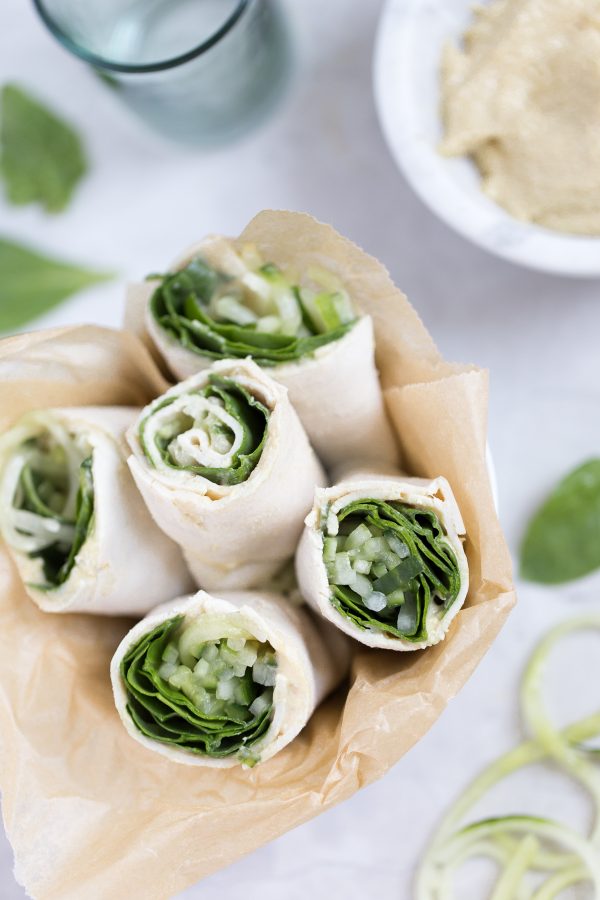 Turkey Spinach and Hummus Roll Ups with Spiralized Cucumber Noodles!