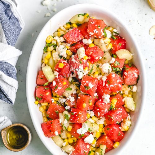 Watermelon Feta Salad in a white serving bowl